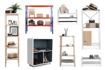Set with wooden shelving units and different items on white background