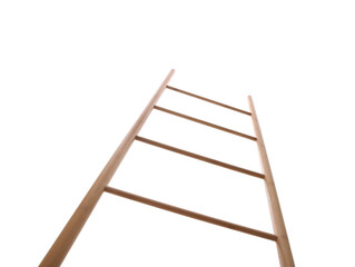 Modern wooden ladder isolated on white, low angle view