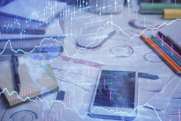 Double exposure of forex graph drawing and cell phone background. Concept of financial data analysis