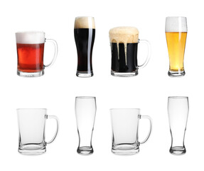 Set with empty and full of beer glasses on white background