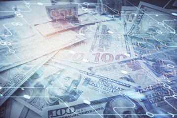 Double exposure of data theme drawing over us dollars bill background. Technology concept.