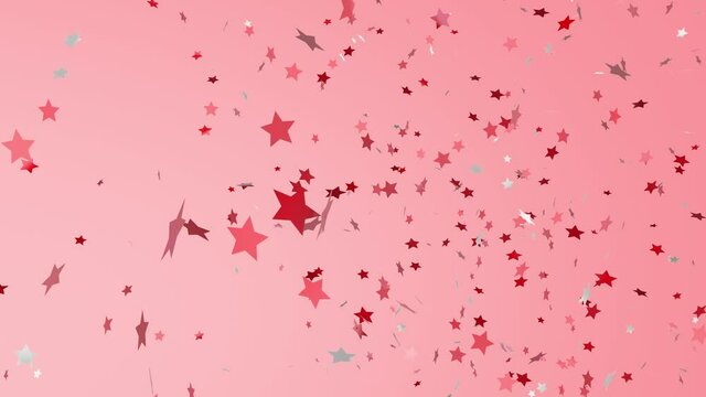 Red and white, shiny stars of confetti fly from left to right on a light red background. Animation with alpha channel