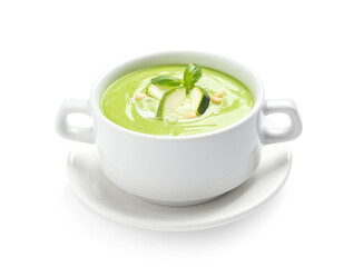 Tasty homemade zucchini cream soup isolated on white