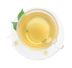 Cup of tea and fresh jasmine flowers isolated on white, top view