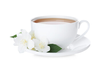 Cup of tea and fresh jasmine flowers isolated on white