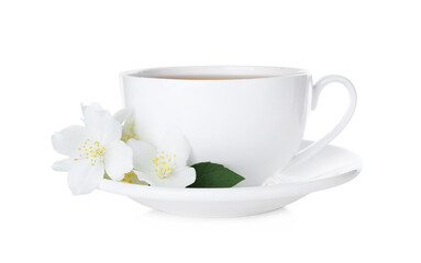 Fototapeta na wymiar Cup of tea and fresh jasmine flowers isolated on white
