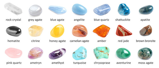 Collection of different gemstones on white background. Banner design © New Africa