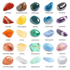 Collection of different gemstones on white background - obrazy, fototapety, plakaty