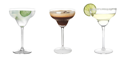 Set with different martini cocktails on white background