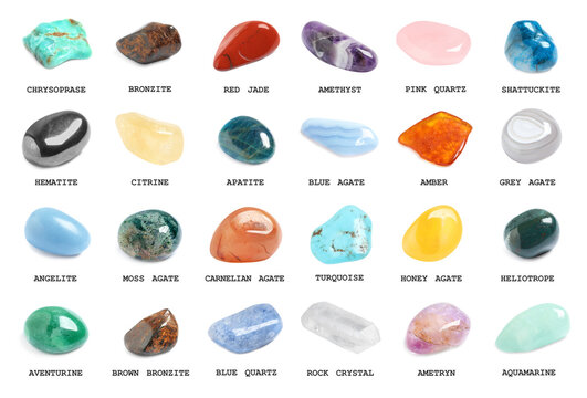 Collection of different gemstones on white background