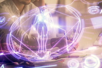 Double exposure of man and woman working together and education theme hologram drawing. Computer background.