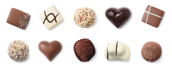 Set with different chocolate candies on white background, top view. Banner design