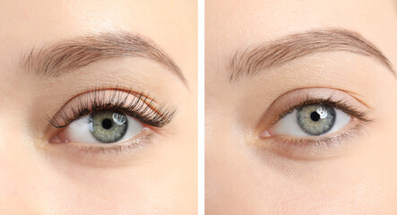 Collage with photos of young woman before and after eyelash extension procedure, closeup
