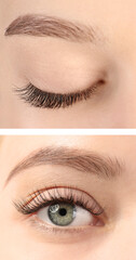 Collage with photos of young woman with beautiful long eyelashes after extension procedure, closeup