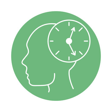 alzheimer disease, person in profile, clock time confusion, decreased human mental capacity color block style icon