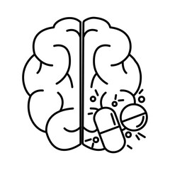 alzheimer disease, brain medication prescription, decrease in mental human ability line style icon