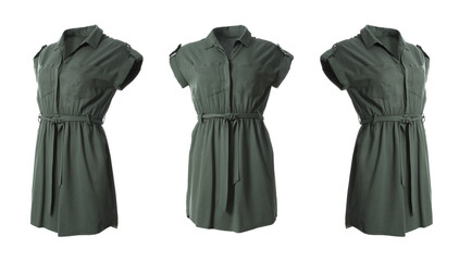 Set of stylish grey shirt dresses from different views on white background