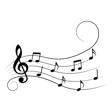 Music notes on stave with swirls, vector illustration.