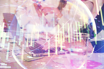Double exposure of woman hands typing on computer and business theme hologram drawing. Success concept.