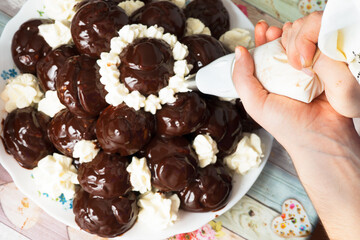 top view of home made profiterole preparation
