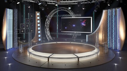 Virtual TV Studio Chat Set 23. 3d Rendering.
Virtual set studio for chroma footage. wherever you want it, With a simple setup, a few square feet of space, and Virtual Set, you can transform any locati