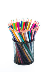 Bunch of Colored Wooden Pencils Placed Together in Metal Round Holder. Isolated Over White.