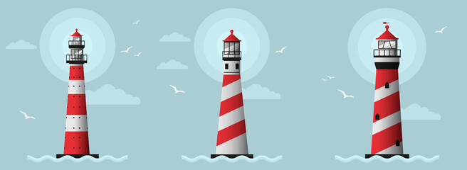 Set of the tighthouse on the seashore vector flat design