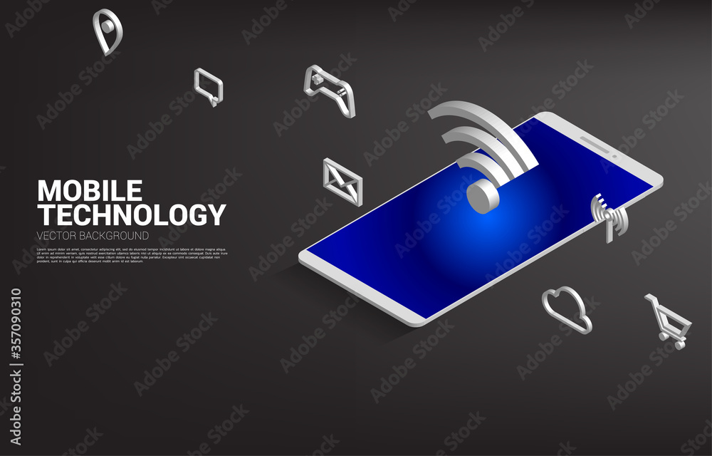 Poster 3D wi-fi and mobile phone with functional icon. Concept for data transfer of mobile and wi-fi data network.