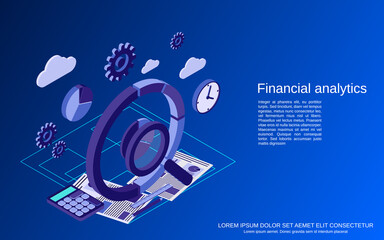 Financial analytics, control, statistics flat isometric vector concept illustration