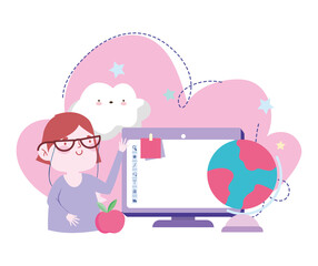 online education, teacher computer map and apple, website and mobile training courses