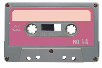 vintage pink and gray audio tape cut out on white background.