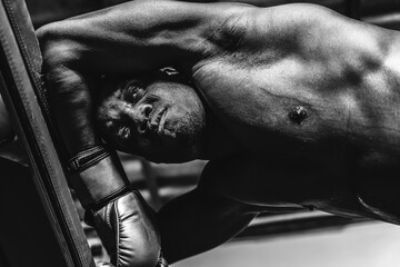 close up of african american boxer face with serious eyes looking