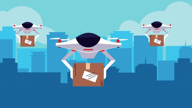 delivery service with drone and boxes animation