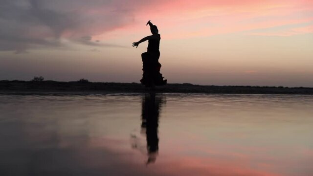 Lockdown slow motion shot of silhouette woman dancing with reflection in water at beach during sunset - Camargue, France