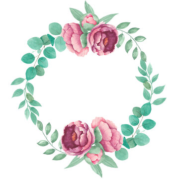 Watercolor wreath peony flowers leaves branches of eucalypt isolated on white background. Hand drawn. Arrangement perfectly for spa relax holiday. Printing design on invitations cards and other.