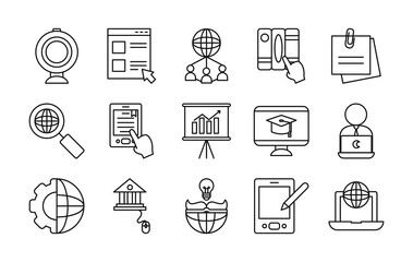 technology devices and online education icon set, line style