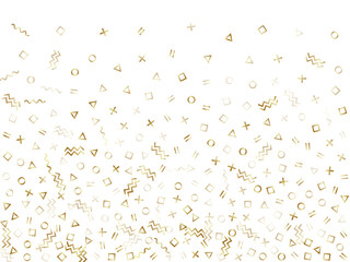 Memphis style geometric confetti vector background of triangle circle square shapes, chevron wavy lines.