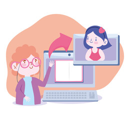 online education, teacher explain class student girl computer tablet, website and mobile training courses