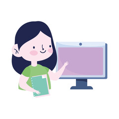 online education, student girl with computer and book studying cartoon