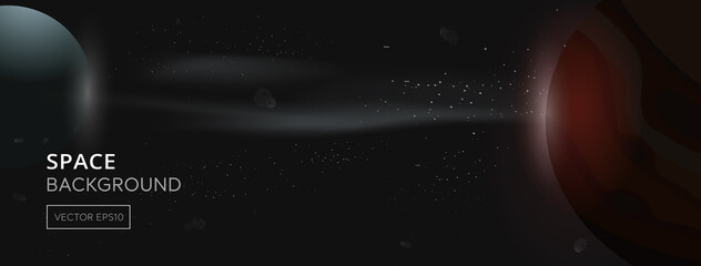 Dark universe banner background with planets and group of stars