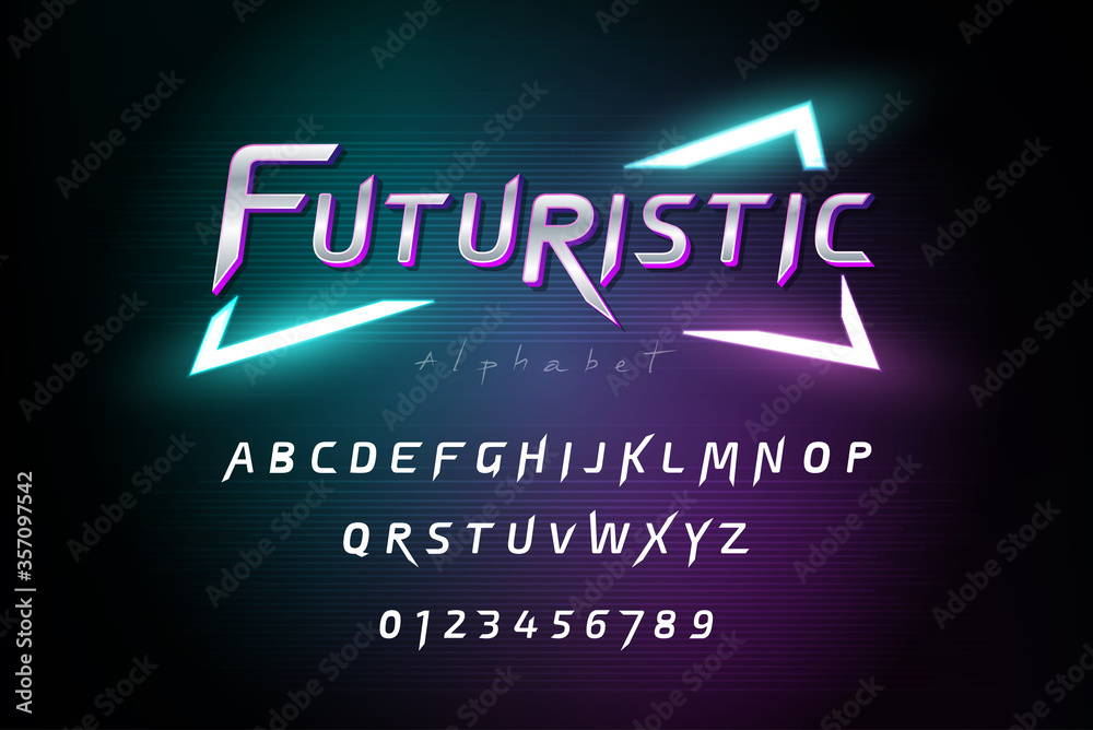 Fototapete alphabet font set with numbers on dark futuristic cyberpunk background