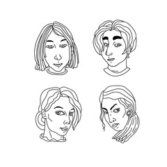 Faces of women of different nationalities, faiths and skin color. In the outline style on a white background. Fight for women's rights and equality. Template for a poster, banner, etc. Vector.