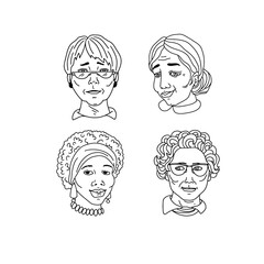 Faces of women of different nationalities, faiths and skin color. In the outline style on a white background. Fight for women's rights and equality. Template for a poster, banner, etc. Vector.