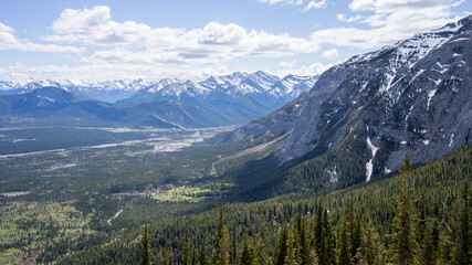 Beautiful alpine valley with forest and mountain peaks, shot at Mt Yamnuska trail, Canadian Rockies, Alberta, Canada
