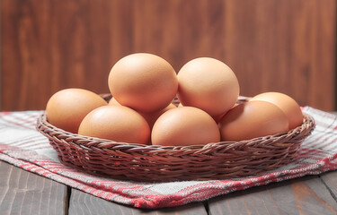 Chicken eggs in a wicker basket on an old wooden table with a blurred background.