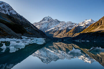 Amazing reflections of both Mt Cook and the icebergs floating on Hooker Glacial Lake in  Aoraki Mt...