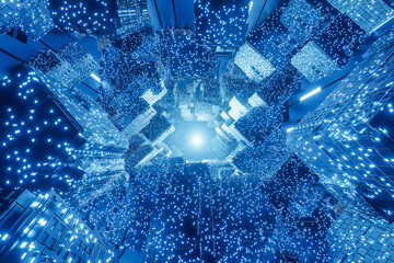 abstract digital Futuristic Sci-Fi background, big data, computer hardware, network, blue neon light, 3d model and illustration.