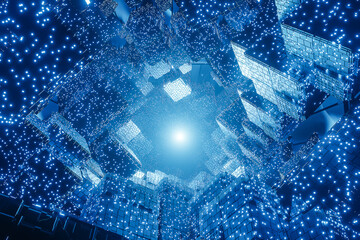 abstract digital Futuristic Sci-Fi background, big data, computer hardware, network, blue neon light, 3d model and illustration.