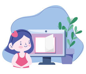 online education, student girl computer book lesson, website and mobile training courses
