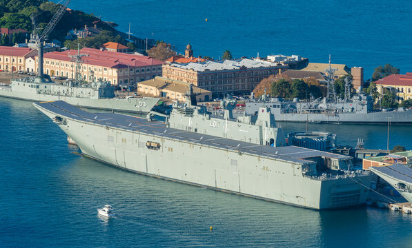 Sydney, Australia - May 16, 2017: Aerial view of HMAS Adelaide of the Royal Australian Navy. It is a helicopter carrier and amphibious assault ship.